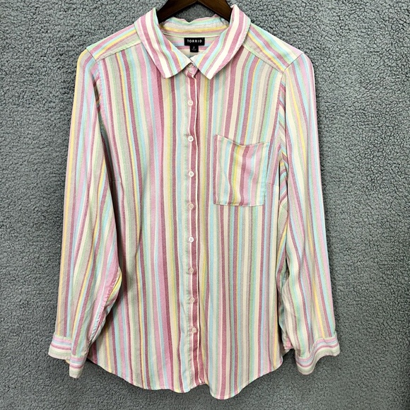 Torrid Button Shirt Women 2‎ Pastel Rainbow Stripe Soft Girl Y2K Preppy Casual - Picture 1 of 7